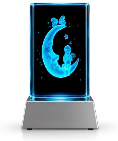 Kaltner Präsente LED Stimmungslicht aus Kristallglas – 3D Lasergravur Engel im Mond – Dekorativer Glasquader mit Farbwechsel LED Sockel – Romantische Lichtdekoration & Geschenkidee