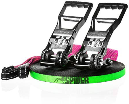 SPIDER SLACKLINE LKS02 - Kit Longline Fly Line 35, Slackline 30 m, Zwei Hummer-Ratschen, Gurt 2,5 m, Slingbag inklusive - Komplett-Kit für Slackliner