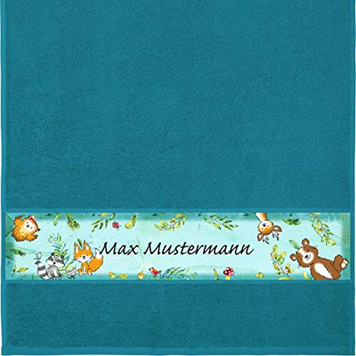Manutextur Handtuch mit Namen - Motiv Kinder - Wald - viele Farben & Motive - personalisiert - Petrol - Größe 50x100 cm - persönliches Geschenk