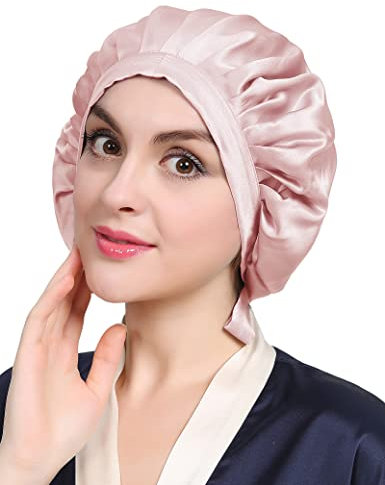 LilySilk 100% Maulbeerseide Schlafmütze rutschfest verstellbar und atmungsaktiver Kopfbedeckung Seidenhaube zum Schlafen Nachtmütze mit elastischem Band für alle Haartypen,rosiges Rosa