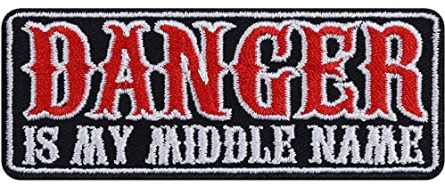 Toppa ricamata da applicare con ferro o cucitura: Danger is my middle name | Patch Biker annodabile/stirabile con ricamo | Regalo Rider Motociclista | Applicazione per cucire/stirare | 90x35mm