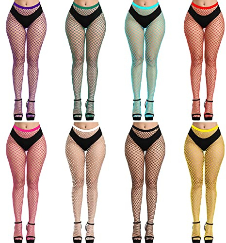 FEPITO 8 Pairs Colorful Fishnet Stockings Tights Fishnet Tights Pantyhose Stockings Leggings for Women