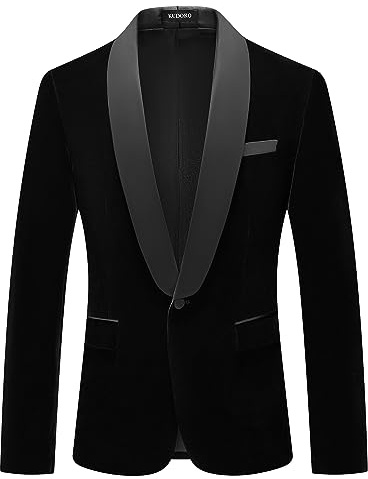 Mens Velvet Suit Jacket Slim Fit Blazer for Men Shawl Collar Tuxedo Jacket Solid Single Breasted Sports Coat for Dinner Prom Black