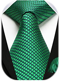 HISDERN Herren Krawatte Hochzeit Dunkelgrün karierte Krawatten Taschentuch Blumen Elegant Klassisch Krawatte & Einstecktuch Set