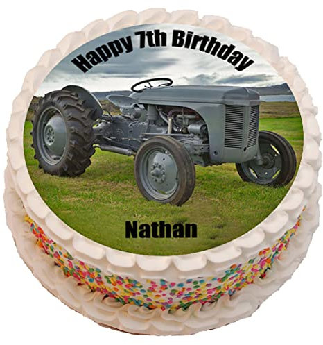 Grey Vintage Tractor Theme Personalised PRECUT Cake Topper 7.5 Inch Round Edible Icing Sheet Birthday Decoration