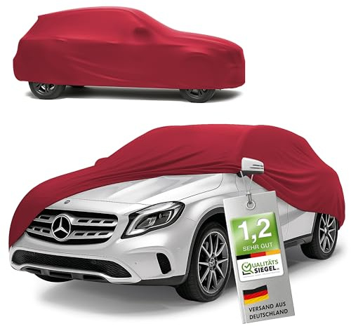 WALSER Premium Abdeckung Auto Indoor Stretch Plus Qualitätssieger Sehr Gut* - Autoplane Indoor Abdeckplane Car Cover Auto Abdeckung Stoff Autogarage Größe 8 SUV/Van rot