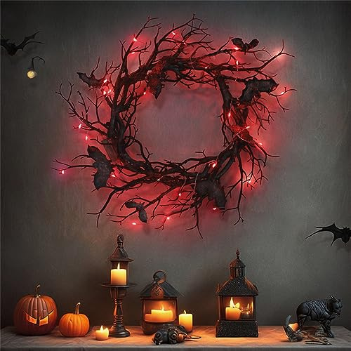Halloween-Kranz, Holz-Halloween-Kranz, Haustür mit 3 Metern, 30 LED-Lichtern, Fledermaus-toter Zweig, Halloween-Türkranz, LED-leuchtender Fenster-Hallpween-Dekor für Halloween-Party.