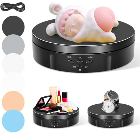 Base Giratorio Eléctrico, Couleeur Dirección y Velocidad de 360° Plato Giratorio para Fotografía Ajustable, 10KG Plataforma Giratoria Recargable Automática con 6 Tableros de Fondo para Exhibir Joyas