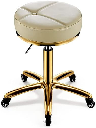 ArhaR Hocker auf Rollen, runder Rollhocker, Stuhl, robust, für Salonmassage, 360° drehbar, Salonhocker mit Rollen (weiß-golden)