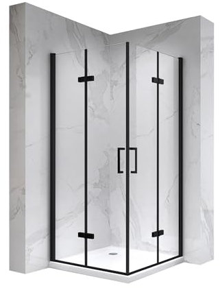 Mampara de Ducha Matilde | 70x80x190cm | REVERSIBLE | Puerta plegable | Ajuste 68,9-70,4 x 78,9-80,4cm | Perfiles Negros, Cristal transparente de 6 mm - Moments of Glass