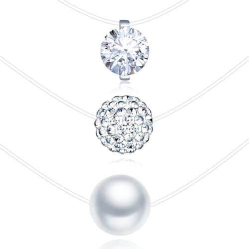 MICMIF 3 Stück 925 Sterling Silber Halskette Damen Choker Solitär Perle Ball Kugel Zirkonia Anhänger mit Transparente Nylonkette für Mädchen