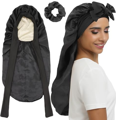 SENGTERM Long Bonnet Satin Cheveux Nuit - Couche Double Bonnet en Soie pour Femmes aille de tête Ajustable Bonnet de Nuit pour Cheveux bouclés