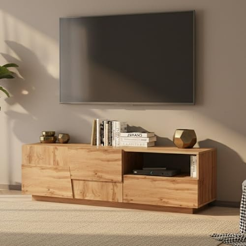 Dmora - TV-Ständer Velio, niedriges Wohnzimmer-Kommode mit 2 Türen und 1 Schublade, TV-Ständer-Basis, 150x44x46 cm, Eiche
