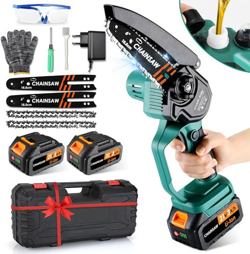 Mini Motosierra Bateria 6000mAh, 6'' Motosierra Eléctrica con 2 Baterías 3.0Ah, 2 Cadenas, Bloqueo de Seguridad, Motosierra de Mano Portátil, Motosierra Inalámbrica para Podar Arboles de Jardinería