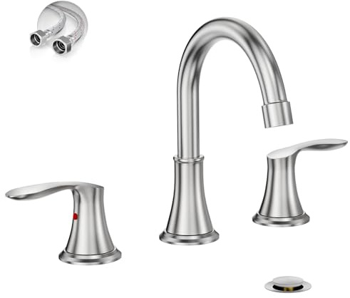 Phiestina Widespread 8 Inch 3 Holes Brushed Nickel Bathroom Faucet，Two Handles Stainless Steel Bathroom Sink Faucet with Metal Pop-Up Drain and Water Supply Lines, WFTY36-BN