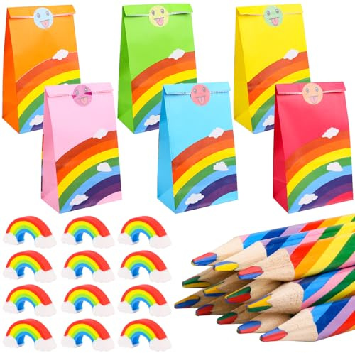 Dncvb 36 Regenbogen Stifte Set 12 Regenbogenstift 12 Regenbogen Papiertüten | 12 Regenbogen Radiergummis, Regenbogen Buntstifte für Give Aways Geburtstag