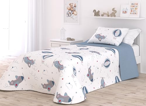 Victorio & Lucchino Colcha Infantil de Verano y Primavera. Ligera Colcha cubrecama de Microfibra. Incluye Funda de cojín. (Aviones con COJÍN, Cama 90cm)