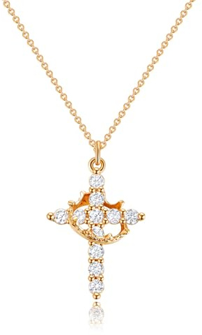 Robaice Gold Cross Necklace for Women, 14K Gold Plated Crown Cross Pendant Necklace Cross Necklaces Faith Jewelry First Communion Necklace, Gold