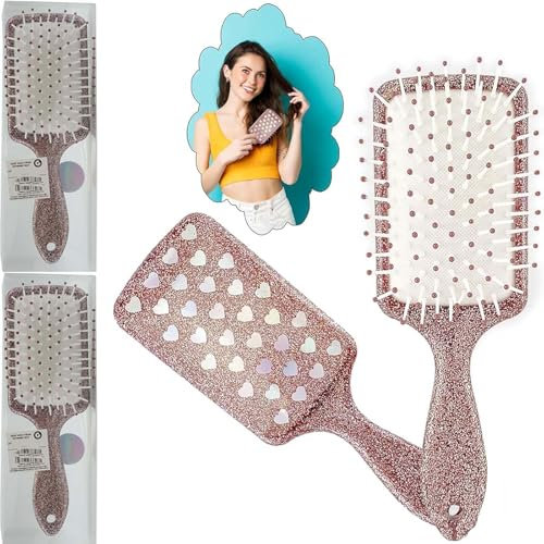 2x Rose Gold Glitter Paddle Hairbrush - 19.5cm Detangling & Blow Dry Brush with Hearts Design, Ultrasoft Bristles - Perfect Hair Styling Tool & Gift for Women, Girls & Teens - Travel-Friendly