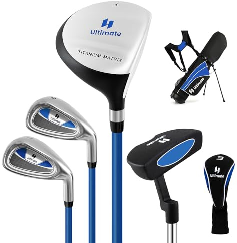 Goplus Junior Complete Golf Clubs Set for Kids, Right Hand Golf Clubs w/Stand Bag, 165CC #3 Fairway, #7 & #9 Irons, Putter, Head Cover, Rain Hood, Boys Girls Aged 8-10,11-13 (Blue, Aged 11-13)