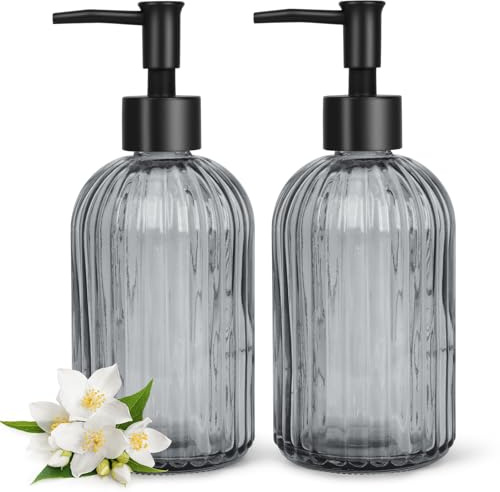 2 Pcs Glass Soap Dispenser with Pump, 13 Oz Clear Liquid Hand Soap Dispenser, Refillable Glass Bottle Non-slip Washing up liquid Dispenser for Laundry Detergent, Hand Soap, Shampoo, Shower Gel (black)