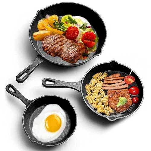 CROWNSHOP 3 Pcs Cast Iron Pan Pre-Seasoned Iron Skillet Set Heavy Duty Skillet Set with Pouring Lip for Grilling Searing Frying Baking Black (15cm 6-Inch 20cm 8-Inch 25cm 10-Inch)