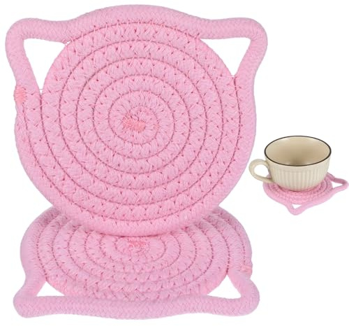 2 Stück Rosa Katzenohren Tassenuntersetzer,Ymapinc Niedlich Glasuntersetzer Geflochtenes Baumwolle Untersetzer Verschleißfest Coasters für Getränke Tassen Kaffee Heißer Tee Couchtisch Deko