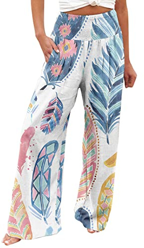 PAIDAXING Women's Boho Floral Print Wide Leg Palazzo Trousers Elasticated High Waist Linen Beach Lounge Pants Ladies Summer Elegant Loose Fit Going Out Office Work Trousers Bottom