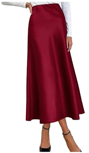 2025 - Elegante falda de cintura alta para mujer, vestido de satén sólido, falda elegante con cintura elástica copos de nieve, rojo, XL