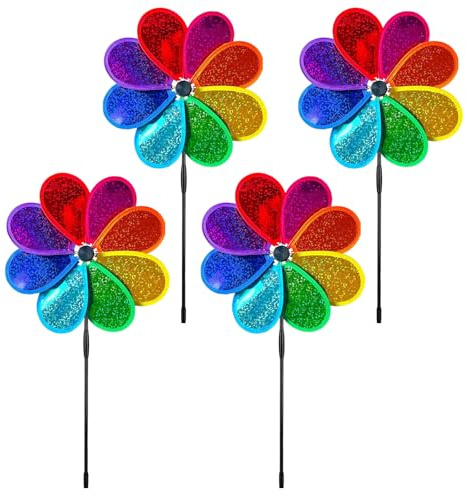 FINELYCR Molino de Viento, 4 Piezas Molinillo de Viento, 30cm Molino de Viento con Flores, Lentejuelas de Ocho Hojas, Altura Total 71cm, Viene con Puntas, para Jardín, Balcón, Césped