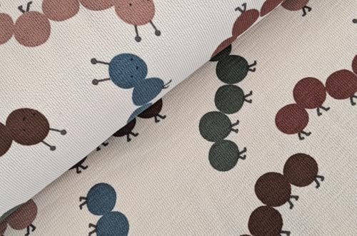 Sommersweat Meterware Krepp - French-Terry Sweatstoff Tiere - Sweat Stoff, Pullistoff, Dicker Jersey Kinder *Ab 50cm, Farbe: 002 Raupen beige