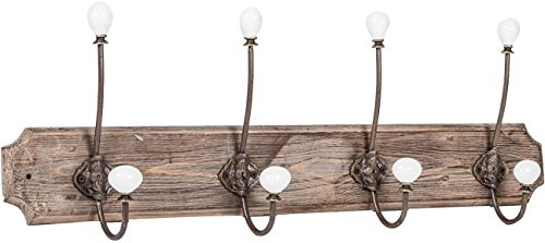 Biscottini Appendiabiti da Parete in Legno Massello Ingresso - Porta abiti con 4 Ganci in Metallo e Ceramica 64x11x22 cm – Attaccapanni da Muro - Stile Rustico Vintage – Pomelli in Ceramica Bianca