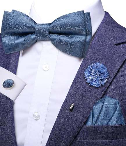 Hi-Tie Vorgebundene Fliege aus Seide für Herren, zum Anklipsen, verstellbare Fliege, Blumenmuster, Anstecknadel, Einstecktuch, Manschettenknöpfe-Set, Blau D, M