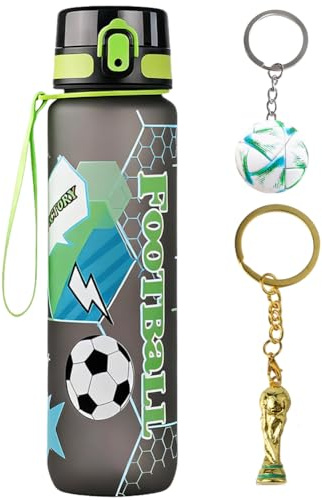 GlibberToy Borraccia da Calcio 750ml con Portachiavi a Tema Sportivo, Bottiglia Plastica Senza BPA, Borraccia Sportiva Capiente Antiperdita, per Bambini Adulti Scuola Sport Compleanno Festa Calcio