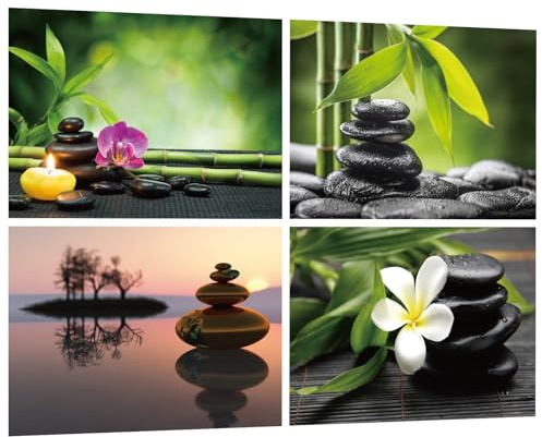 4er Set Wandtattoo Zen Steinen - Wandsticker Grüne Pflanzen Blumen & SPA Badezimmer Poster Selbstklebend - Wandaufkleber für Deko Toilette, Wohnzimmer, Esszimmer, Büro 50x35cm (f)