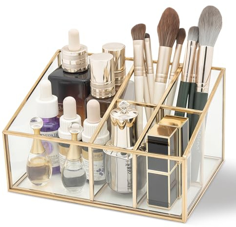 AIMIAO Make up Organizer Gold, Schminktisch Organizer, Pinsel Halterung Make up, Kosmetik Aufbewahrung mit 5 Fächern, Schmink Organizer Durchsichtig für Schlafzimmer Badezimmer