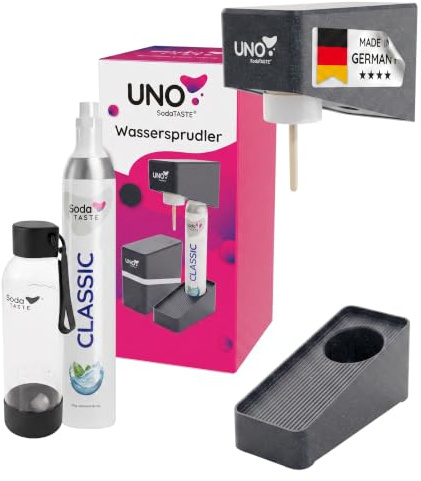 UNO Wassersprudler – modular & ohne Strom | kompatibel mit allen CO₂-Zylindern mit Standard-Schraubgewinde | Set inkl. 1L-Wasserflasche & CO₂-Zylinder (Classic) & Flaschentrockner (Schwarz)