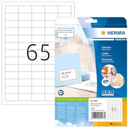 HERMA 5027 universella etiketter A4 små (38,1 x 21,2 mm, 25 ark, papper, matt) självhäftande, utskrivbara, permanenta adressetiketter, 1 625 klistermärken, vit