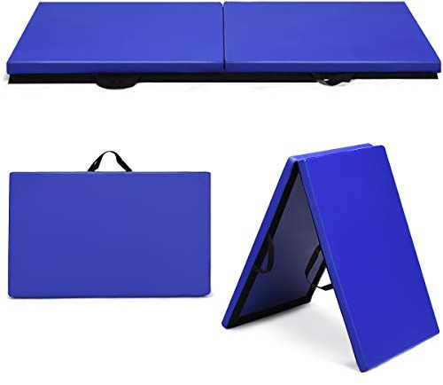 COSTWAY Tappetino Yoga Pieghevole e Portatile, Tappeto Palestra Spesso e Morbido con Maniglie, Tappeto Fitness per Case e Palestra, 180 x 60 x 4 cm (Blu Scuro)
