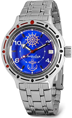 VOSTOK Sea Captain Amphibian Automatik-Armbanduhr mit Selbstaufzug, 40 mm, WR 200 m, Amphibia 420374, blaues Zifferblatt, mechanische Uhr, leuchtende Punkte, Stahl, Taucher