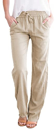 Voqeen Mujer Pantalones Casuales de Lino de Algodón Vintage Cintura Alta Elástico Pantalones Rectos con Cordón Verano con Bolsillos Ligeros y Cómodos