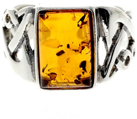 SilverAmber Jewellery - Anillo de plata de ley 925 y ámbar báltico con nudos celtas de diseño - 7005, T, Piedra preciosa, Ámbar