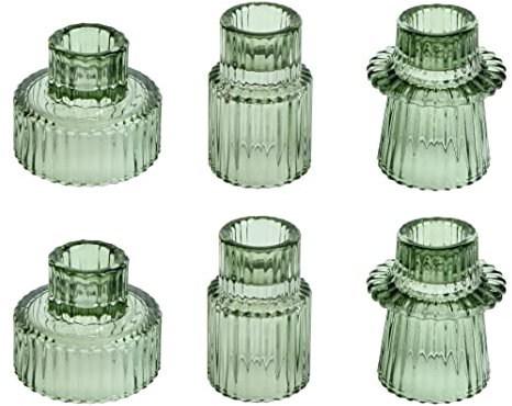 HofferRuffer Grüner Kerzenhalter 6er Set Glas-Kerzenhalter für Spitzkerzen, Stumpenkerzen und Teelichtkerzen