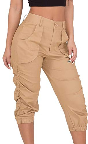 Capribyxor dam sommar hög midja: capribyxor dam 3/4 stretch haremsbyxor lätta sommarbyxor, joggingbyxor sommar capribyxor för dam caprileggings yoga leggings byxor sportbyxor löparbyxor fritidsbyxor, Z-kaki, XXL
