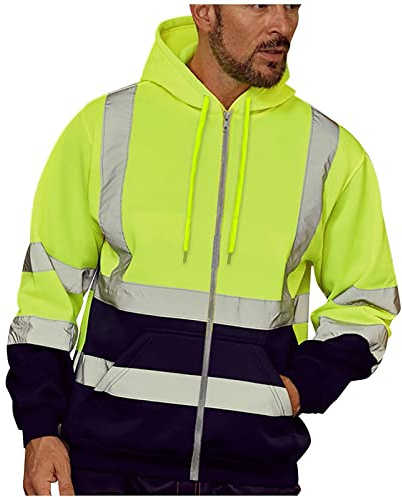 Beokeuioe Verkehr Arbeitsjacke Herren Reflektierend Hoodie Kapuzen Reißverschluss Warnjacke Baustelle Sicherheitsjacke Kapuzenpullover Gelb Orange Grün Warnschutz Mantel