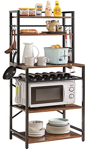 YMYNY Köksbagarställ, mikrovågsstativ med förvaringshyllor, industriell kaffebarstation, med justerbara vinhållare och 12 S-krokar, metallram, rustik brun, 58 × 39 × 144 cm HBR003H