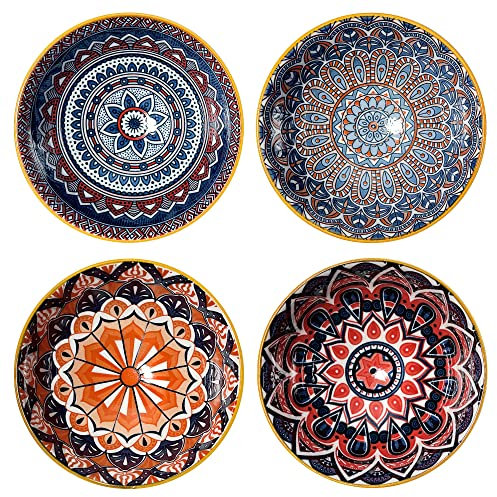 fanquare Cuencos de Sopa de Porcelana de 11,3cm, Juego de 4 - Tazones de Arroz Boho con Palillos, Cuencos de Servicio de Cerámica para Sopa, Postre, Ensalada, Bocadillo