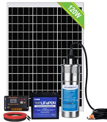 DCHOUSE Juego de bombas solares para pozos con batería de respaldo, bomba de agua de acero inoxidable de 12V + kit de panel solar de 120W + batería de 30Ah + controlador de 20 A para pozo, para riego