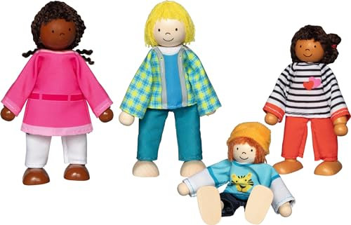 goki 51463 - Hochwertige Biegepuppen Interkulturelle Familie - Puppenset mit 4 Puppen: Mama, Papa, 2 Kinder aus Holz - Bewegliche Figuren für Puppenhäuser