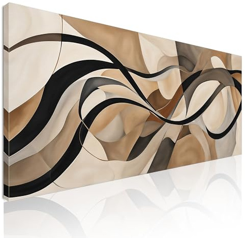 CheQuadro! Quadro astratto moderno per soggiorno, stampa su tela Curve Eleganti Beige e Marrone intelaiato pronto da appendere absh10-150x70 cm